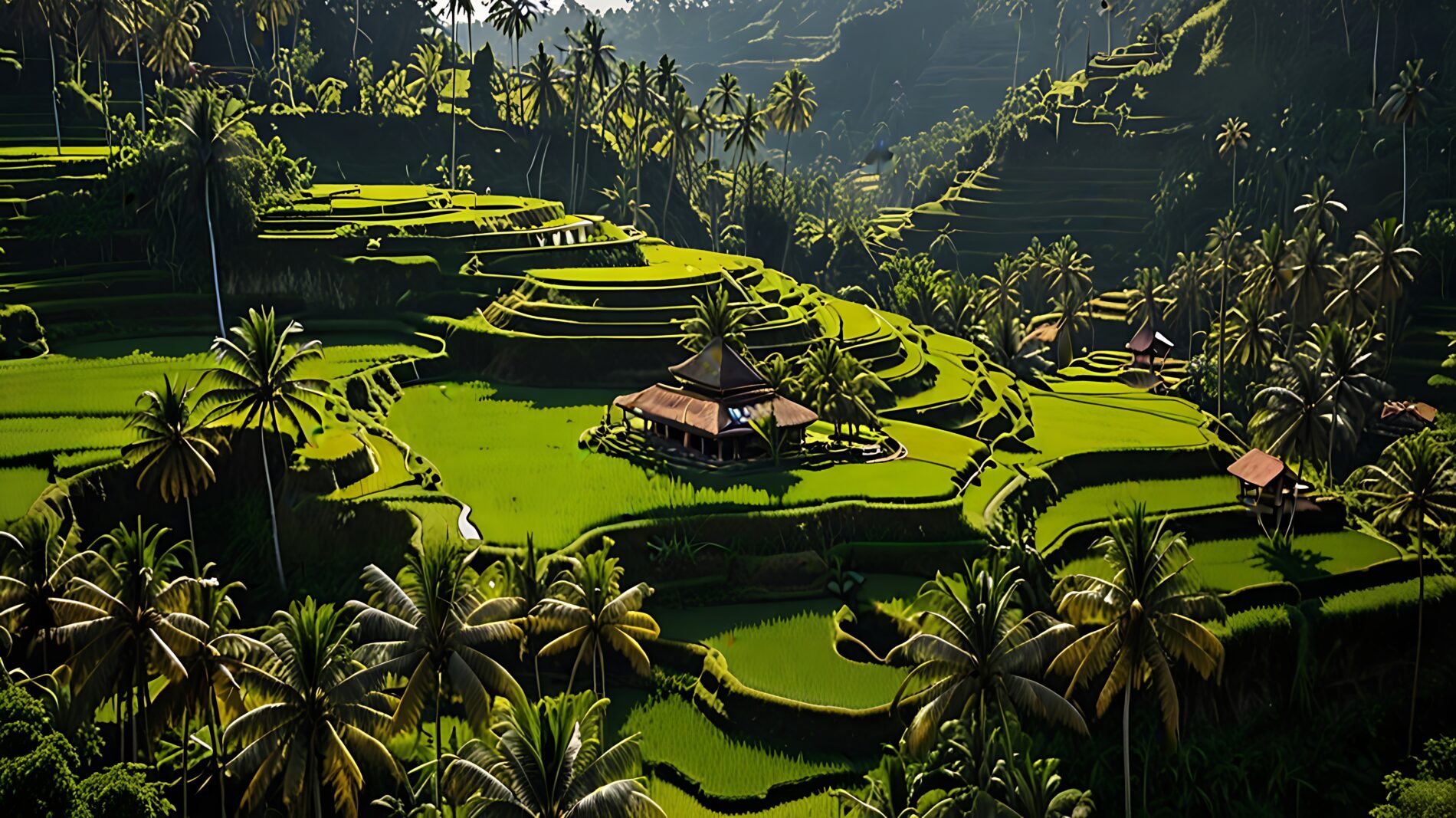Aerial view Of Tegalalang village and Rice Terraces In Gianyar, Bali, Indonesia