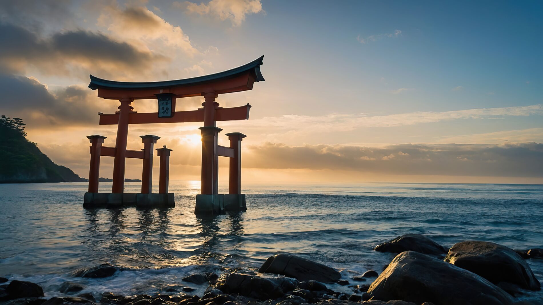 A torii gate standing at the edge of a rocky coastline during sunset