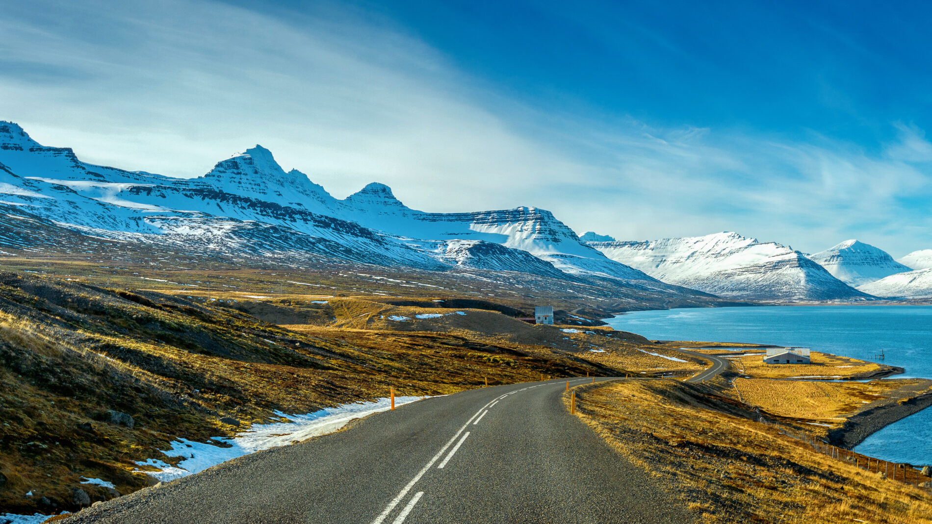 A long straight road in winter.