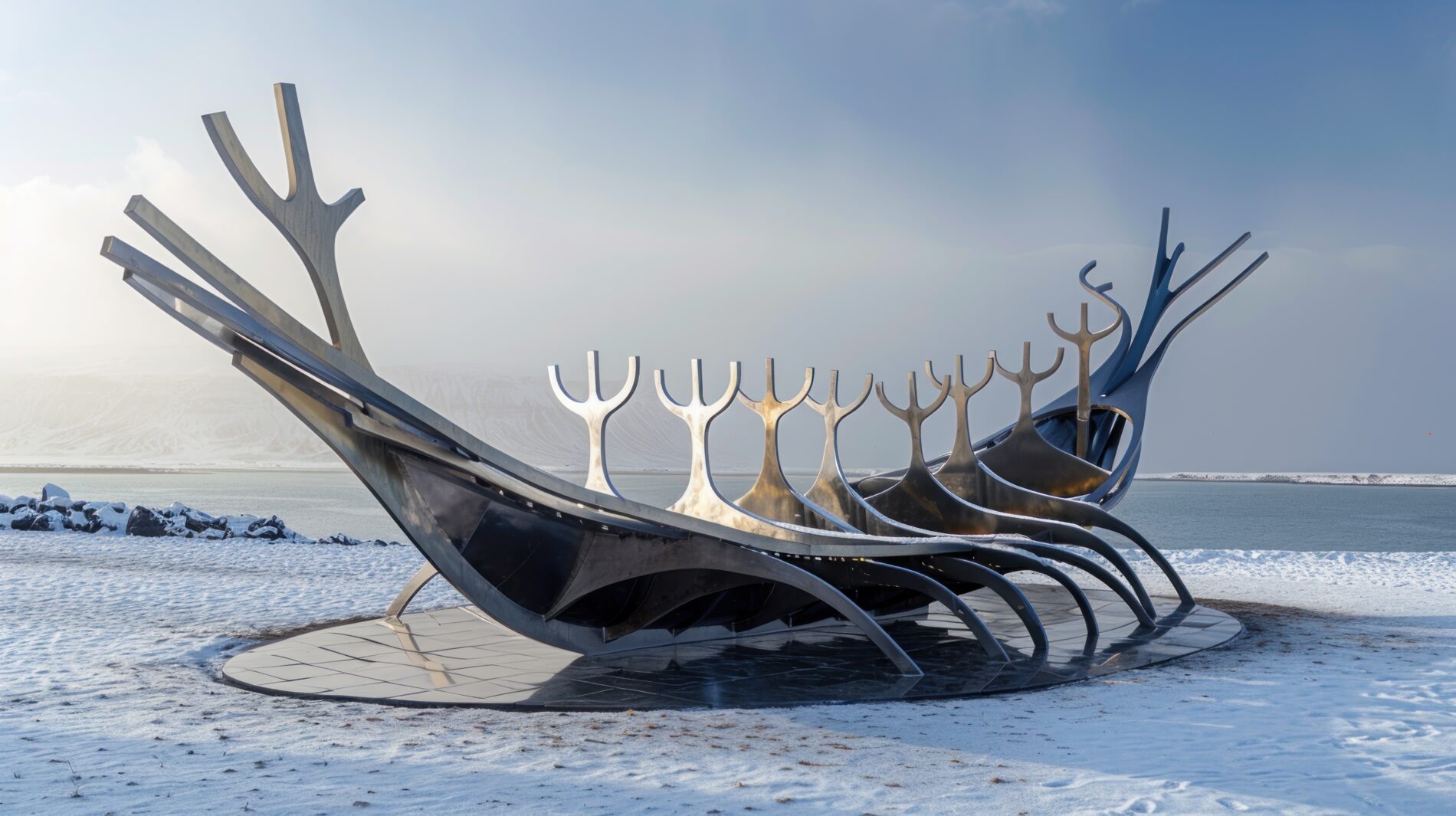 Solfar (Sun Voyager) Viking Sculpture stainless steel modern sculpture of Viking longboat at Reykjavik in Iceland