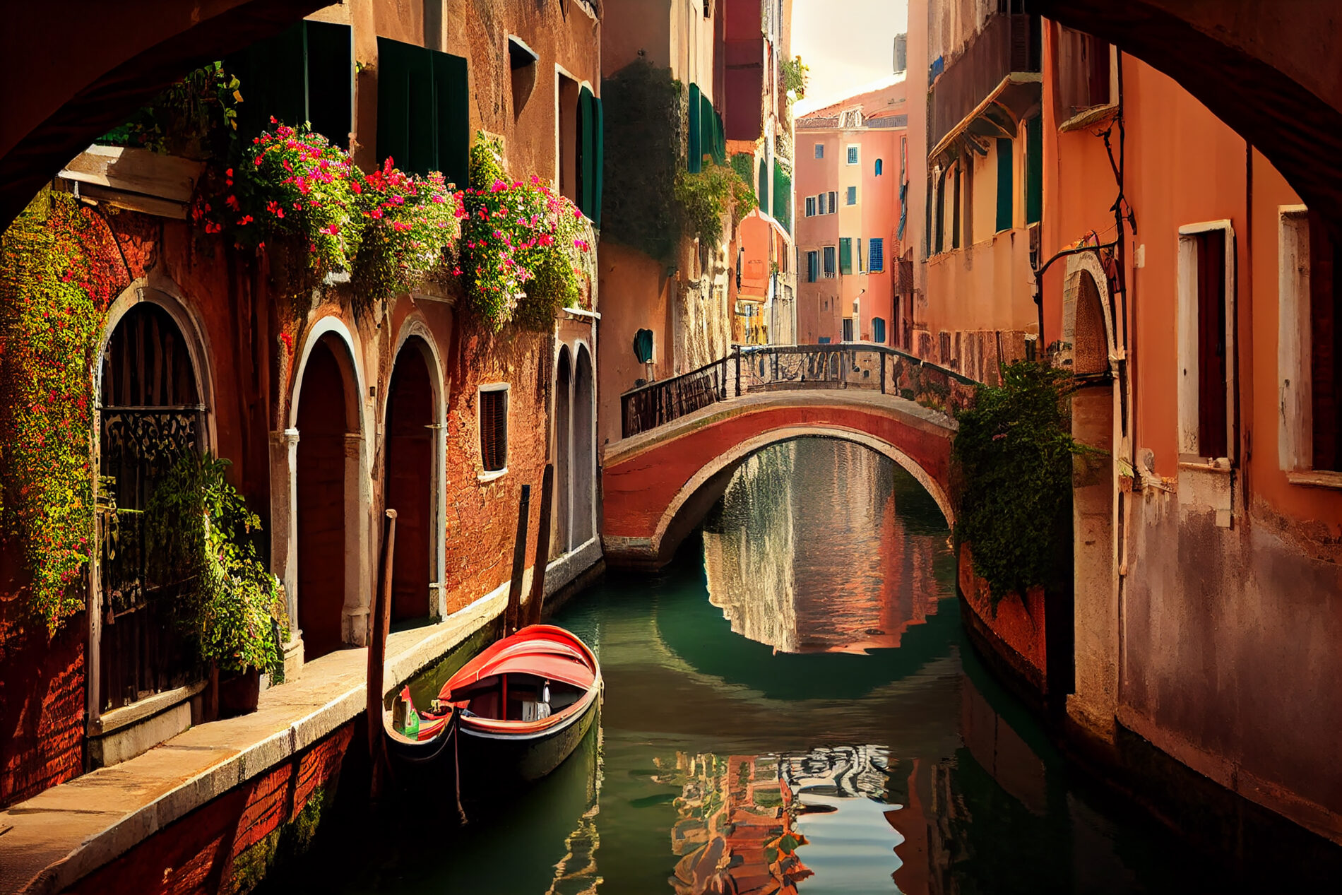 Canal architecture showcases vibrant colors on tranquil landscapes ,generative artificial intelligence