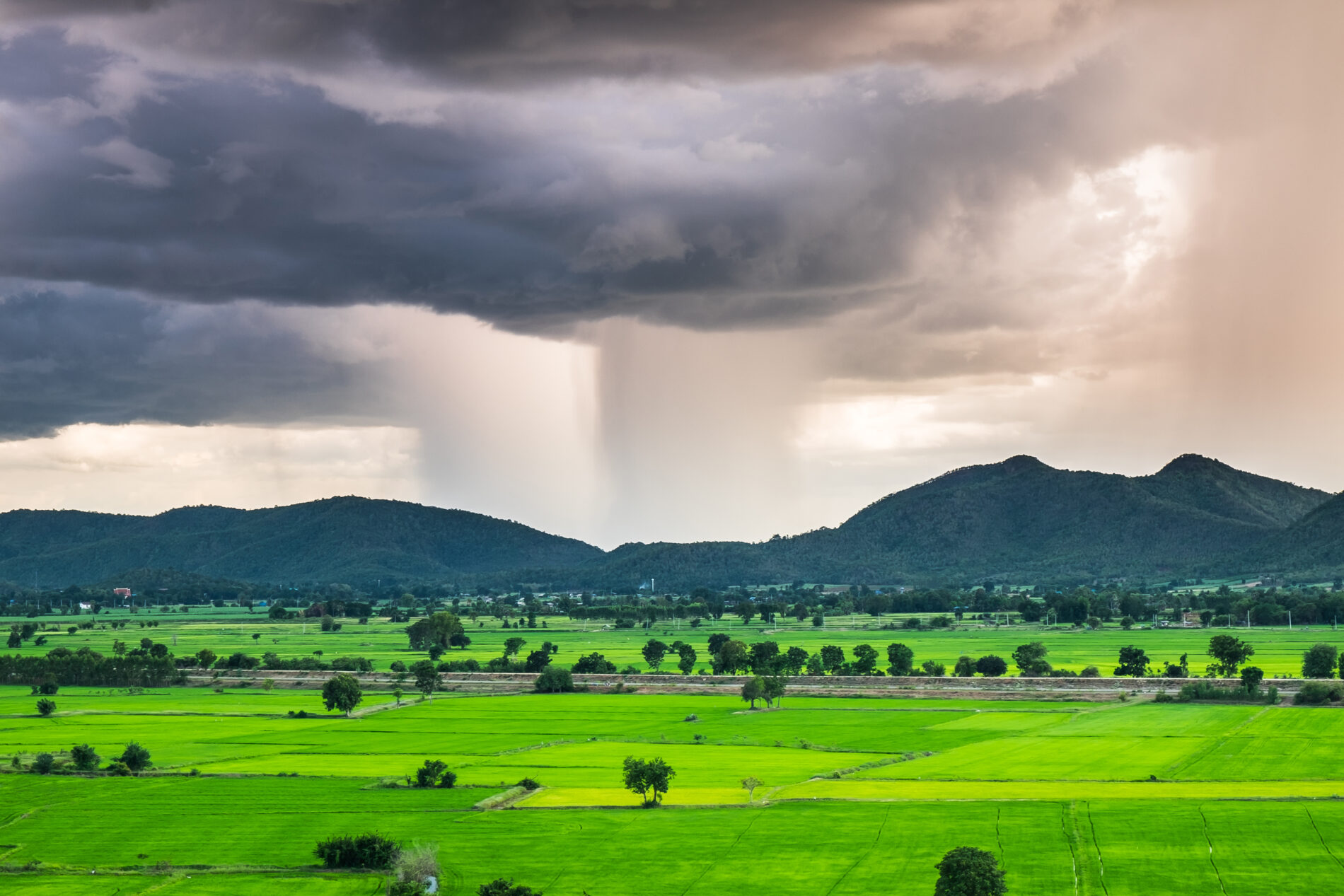 Mountain green field raining storm phenomenon