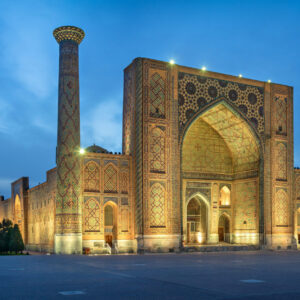 Ulugh Beg Madrasah at dusk in Samarkand, Uzbekistan