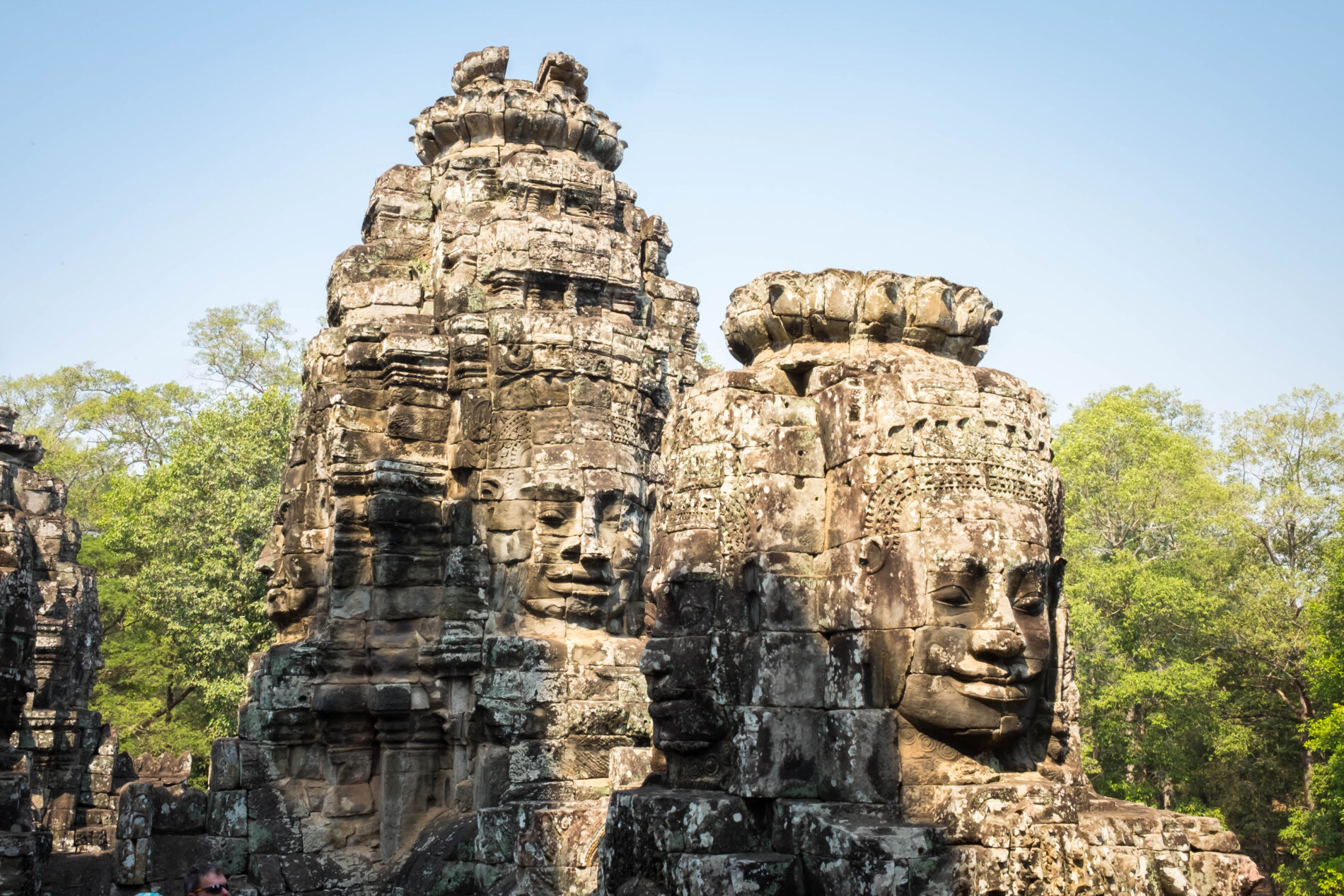 Buddhist smiling faces on towers at Bayon Temple, Cambodia.