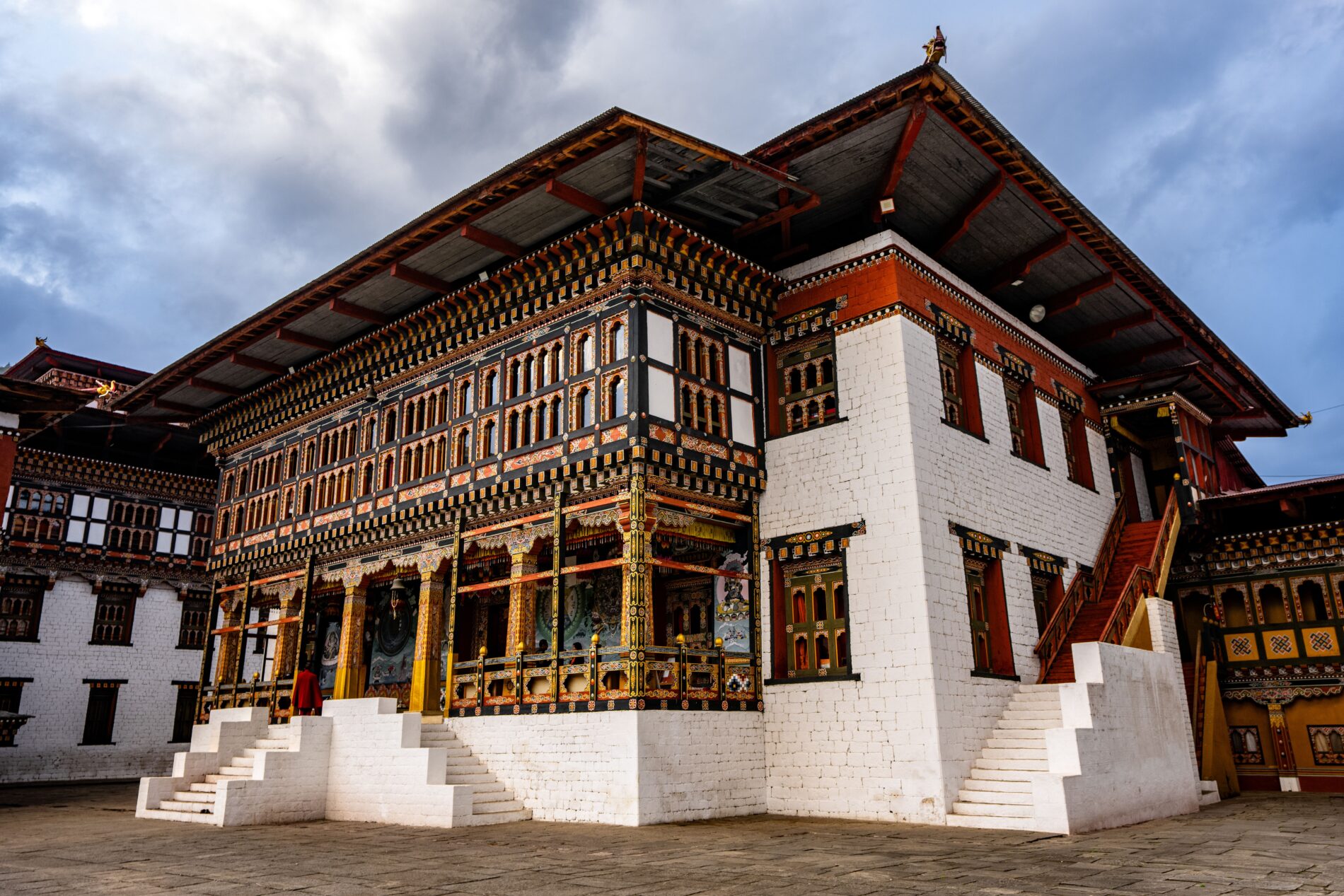 Beautiful Buddhist temple complex inside of the Fortress of the Glorious Religion in Thimphu Bhutan