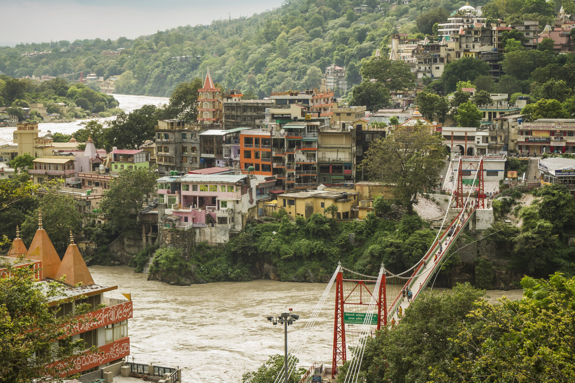 Suspension bridge across river, Rishikesh, Uttarakhand, India